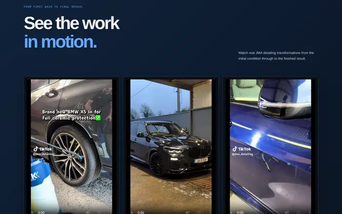Transformation films section of the JMA Detailing website with three video poster frames.