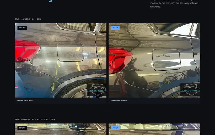 Before and after paint correction comparison panels on the JMA Detailing website.
