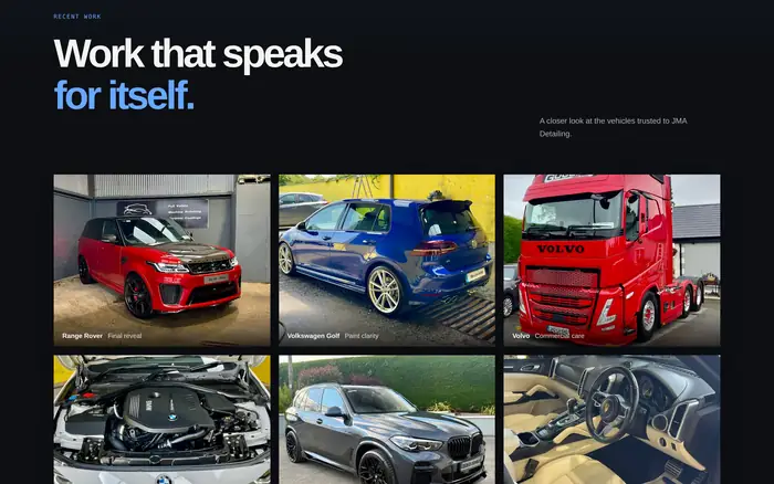 The recent work gallery on the JMA Detailing website showing detailed cars, an engine bay and a truck.