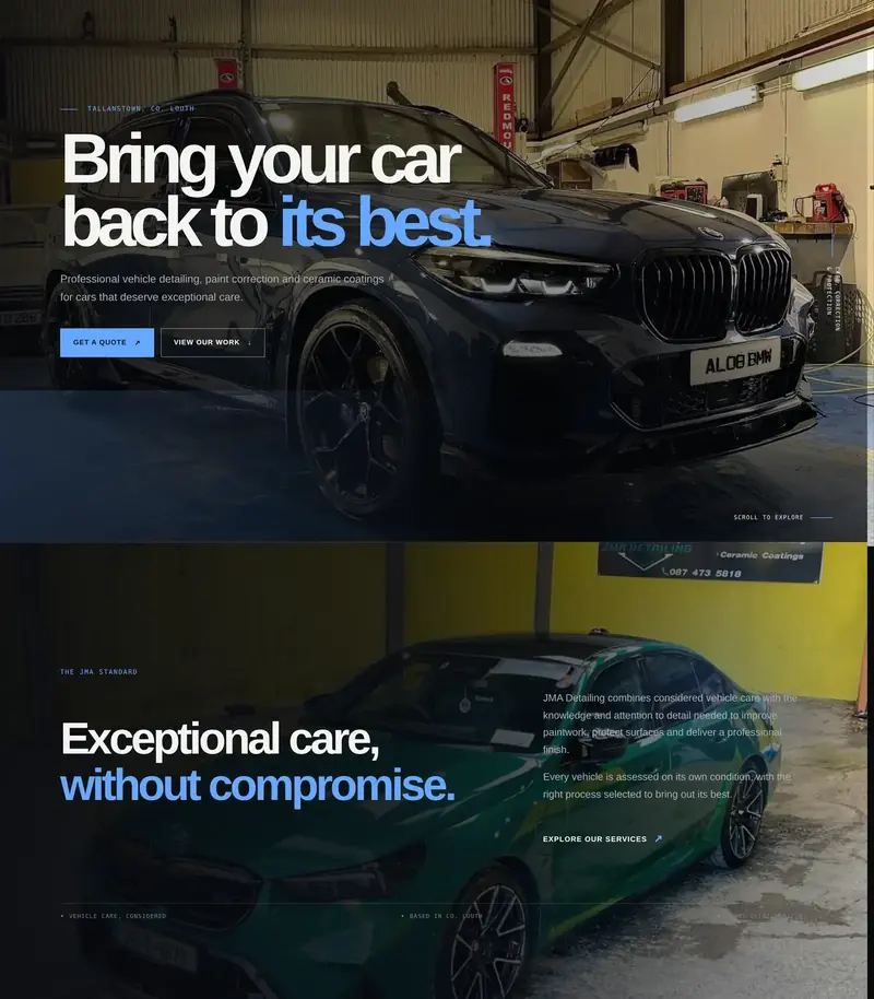 The JMA Detailing website at desktop width, from the first screen to the footer.